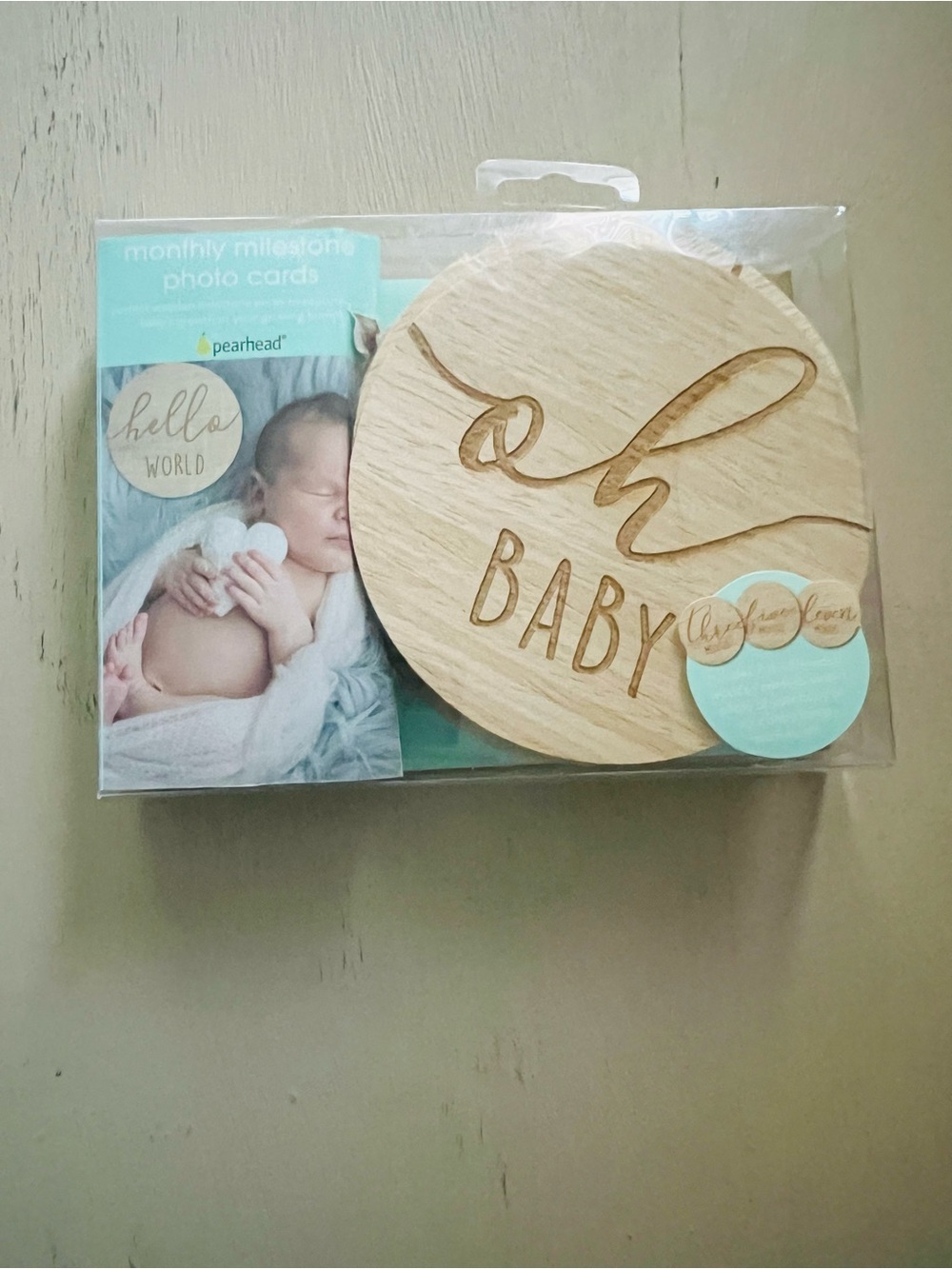 Pearhead Natural Wood 'oh BABY' Milestone Photo Set with Turquoise Accent NWT